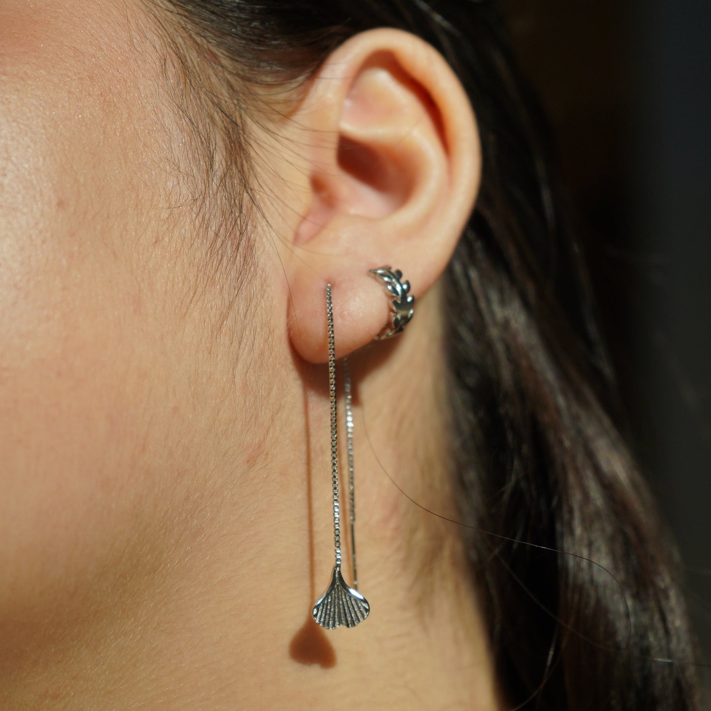 Silver gingko leaf threader earrings